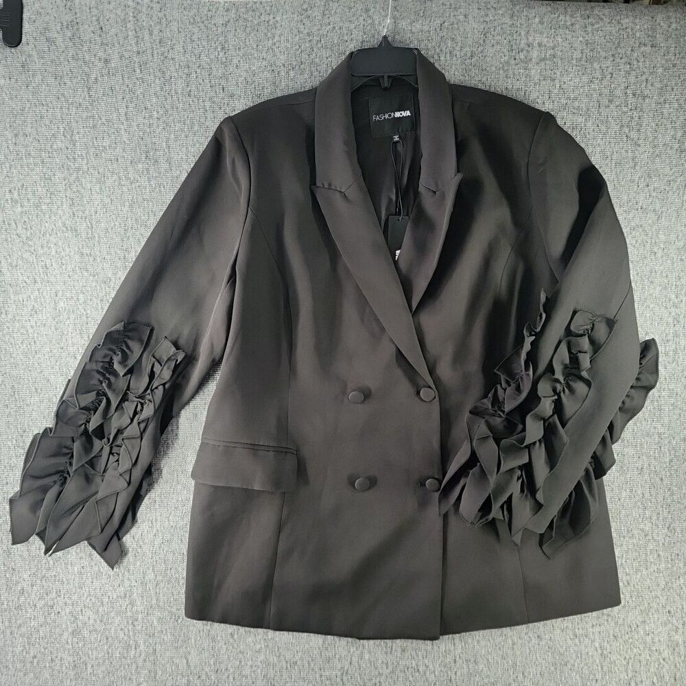NWT Fashion Nova One Night In Spain Blazer 2X 2XL Black Ruffle Sleeve Jacket New